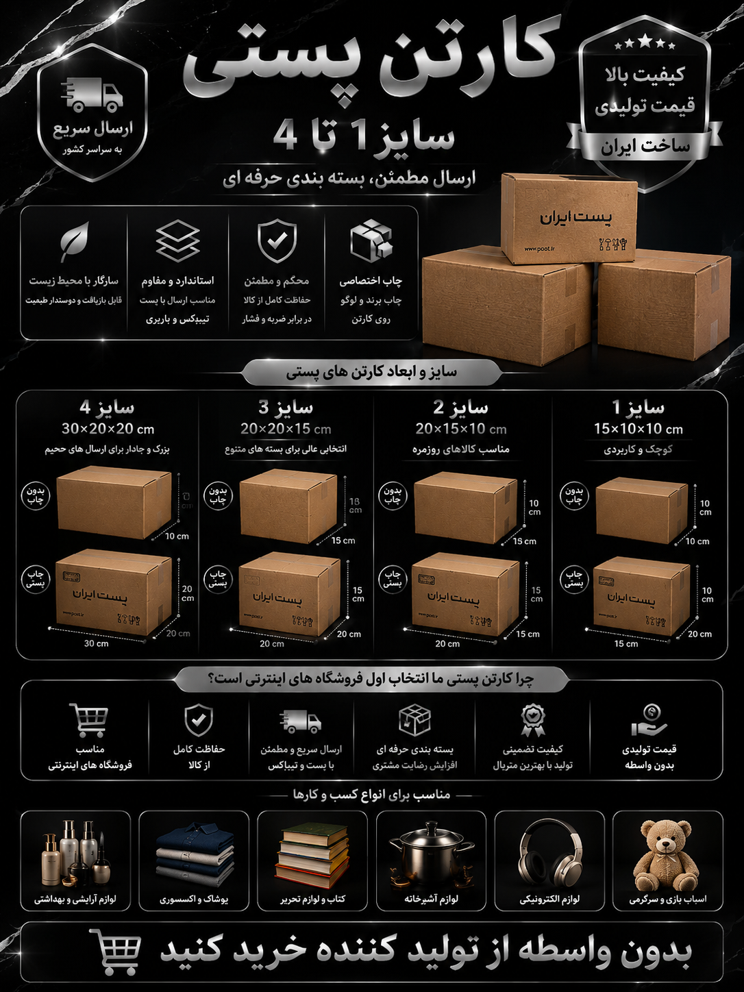 کارتن بسته بندی مدل 20×15×10/سایز 2 پستی بدون چاپ